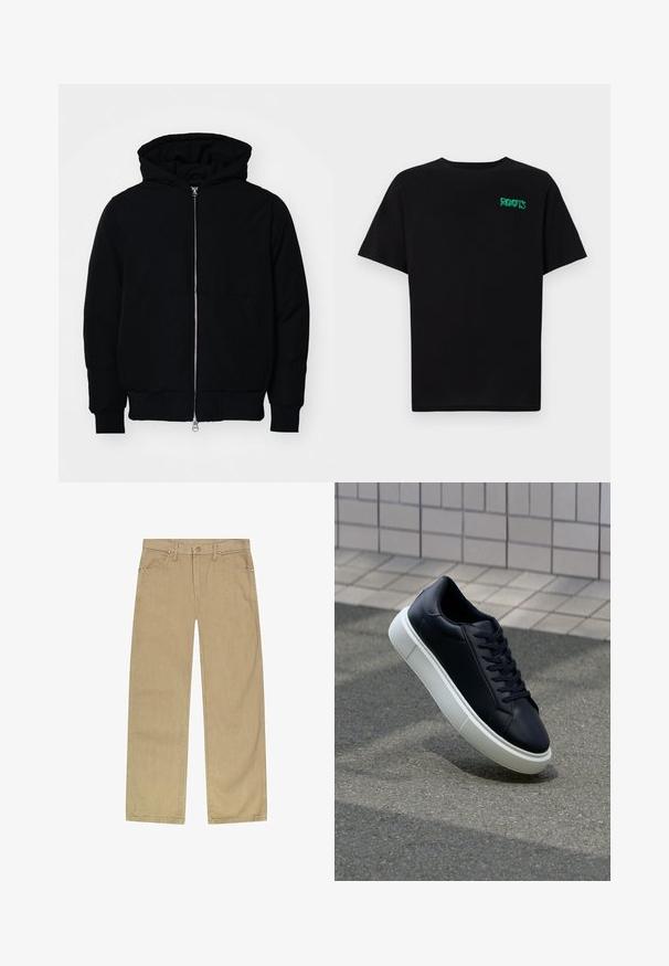 Black hooded jacket with front zipper, kangaroo pocket, ribbed cuffs, and hem, displayed on a plain white background.; Black t-shirt made of cotton with short sleeves. Features a green "ROOTS" logo on the front, round neckline, and standard fit.; Beige cotton twill pants with a straight leg design, five pockets, front button closure, and copper-tone rivets for durability.; Black leather sneaker with rounded toe and white rubber sole. Features flat laces and minimal stitching on the upper. Textured sole for grip.