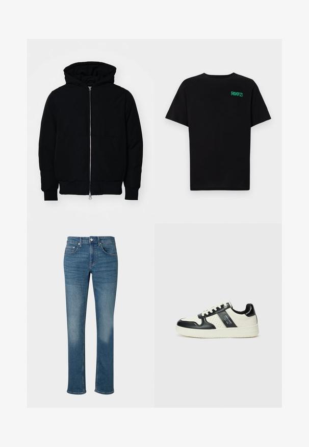 Zwarte hoodie met rits aan de voorkant, kangoeroe-pocket, geribbelde manchetten en zoom, weergegeven op een effen witte achtergrond.; Zwarte T-shirt van katoen met korte mouwen. Heeft een groen "ROOTS" logo op de voorkant, een ronde halslijn en een standaard pasvorm.; Denim jeans in een medium blauwe wassing, met een rechte pasvorm, standaard vijf-pocket ontwerp en metalen knoopsluiting in de taille.; Leren sneakers met een zwart en crèmekleurig kleurenschema, voorzien van geperforeerde accenten, een gevoerde kraag en een gestructureerde buitenzool.