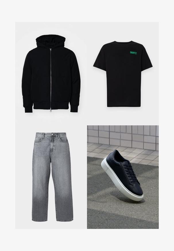 Black hooded jacket with front zipper, kangaroo pocket, ribbed cuffs, and hem, displayed on a plain white background.; Black t-shirt made of cotton with short sleeves. Features a green "ROOTS" logo on the front, round neckline, and standard fit.; Gray denim wide-leg jeans with a high waist, five-pocket design, and metal fastening. Fabric shows slight fading near the hem.; Black leather sneaker with rounded toe and white rubber sole. Features flat laces and minimal stitching on the upper. Textured sole for grip.