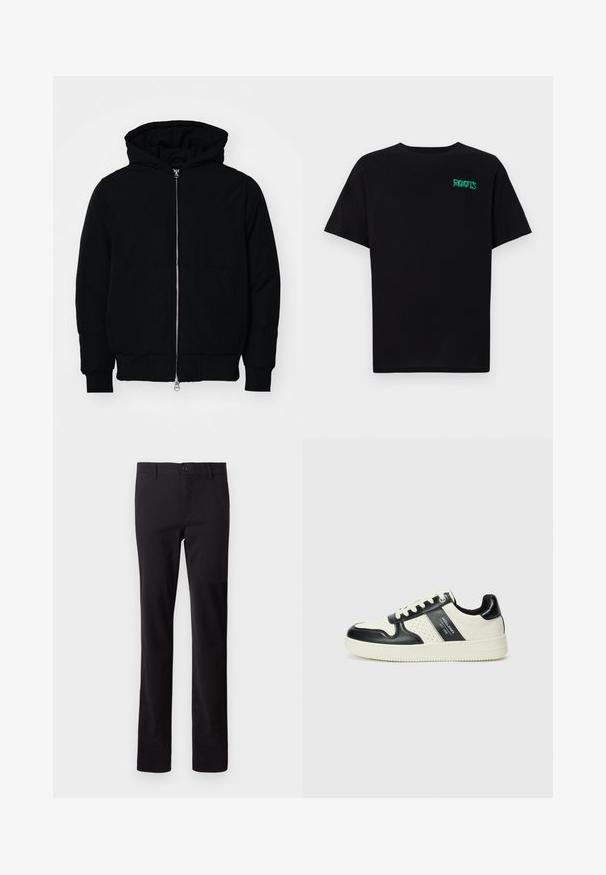 Fekete kapucnis dzseki elülső cipzárral, kenguruzsebbel, bordázott mandzsettákkal és aba, egy sima fehér háttér előtt.; Fekete, pamutból készült póló rövid ujjakkal. Elöl zöld "ROOTS" logóval, kerek nyakkivágással és normál szabással.; Fekete nadrág pamut keverékből; egyenes lábú kialakítással és elöl gombos záródással rendelkezik. Nincsenek látható minták vagy díszítések.; Fekete és krém színű bőrsneaker, perforált díszítésekkel, párnázott bokapánttal és texturált talppal.