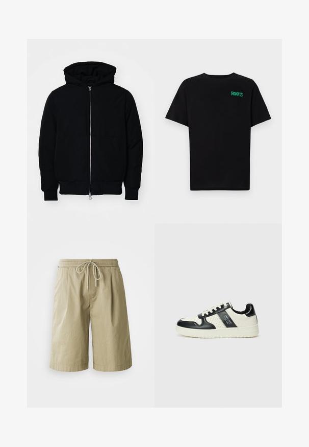 Black hooded jacket with front zipper, kangaroo pocket, ribbed cuffs, and hem, displayed on a plain white background.; Black t-shirt made of cotton with short sleeves. Features a green "ROOTS" logo on the front, round neckline, and standard fit.; Beige cotton shorts with an elastic waistband and drawstring. Features side pockets and a relaxed, straight-cut design.; Leather sneakers with a black and cream color scheme, featuring perforated accents, a padded collar, and a textured outsole.