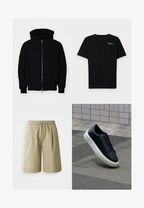 Black hooded jacket with front zipper, kangaroo pocket, ribbed cuffs, and hem, displayed on a plain white background.; Black t-shirt made of cotton with short sleeves. Features a green "ROOTS" logo on the front, round neckline, and standard fit.; Beige cotton shorts with an elastic waistband and drawstring. Features side pockets and a relaxed, straight-cut design.; Black leather sneaker with rounded toe and white rubber sole. Features flat laces and minimal stitching on the upper. Textured sole for grip.
