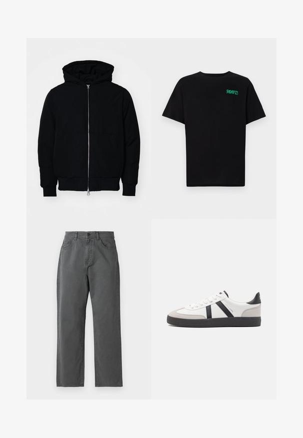 Mustaga kapuutsiga jakk, millel on esineed, kenguru tasku, soonikkoes, ja alläär, esitatud lihtsal valgel taustal.; Must t-särk, mis on valmistatud puuvillast, lühikeste varrukatega. Esipaneelil on roheline "ROOTS" logo, ümmargune kaelus ja tavapärane lõige.; Hallid hallid riidest püksid otse lõikega, millel on nööp ja lukuga kinnitamine, viis taskut ja peened õmblusdetailid.; Valged tossud mustade ja hallide aktsentidega, tekstureeritud halli varbakattega, musta kummitald ja lamedad valged paelad. Puhtad jooned, minimalistlik stiil.