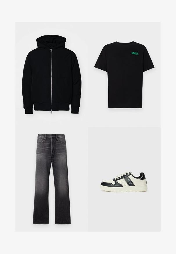 Juodas gobtuvėlis su priekiniu užtrauktuku, kengūros tipo kišene, lygiais rankogaliais ir apvadu, pateiktas ant vientiso balto fono.; Juodas medvilninis marškinėliai trumpomis rankovėmis. Priekyje yra žalias „ROOTS“ logotipas, apvalus iškirpimas ir standartinė prigludimo forma.; Juodos džinsinės kelnės su tiesiu pūtimu, turinčios blukimo efektą, priekinėmis kišenėmis, diržo kilpomis ir matomais siuvimo detalėmis.; Odiniai sportbačiai juodos ir kreminės spalvų schemoje, su perforuotais akcentais, paminkštinta apykakle ir tekstūruotu padu.