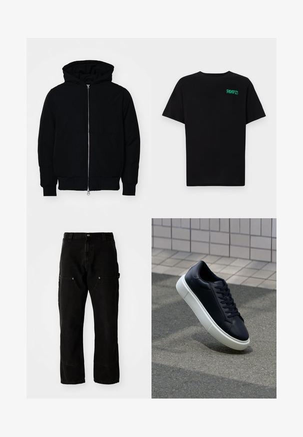 Črna kapuca jakna s sprednjim zadrgo, kenguru žepom, rebrastimi manšetami in hemom, razstavljena na enostavni beli ozadju.; Črna majica iz bombaža z kratkimi rokavi. Na sprednji strani ima zeleno logotip "ROOTS", okroglo ovratnico in standardno prileganje.; Črne denim cargo hlače z udobnim krojem, ki nudijo dvoje sprednjih žepov, stranske žepke in vidne šive.; Črne usnjene superge z zaobljenim prstom in belim gumijastim podplat. Imajo ravne vezalke in minimalno šivanje na zgornjem delu. Teksturirani podplat za oprijem.