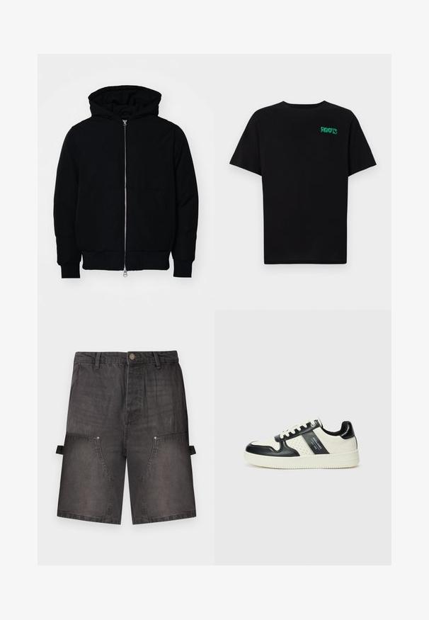 Black hooded jacket with front zipper, kangaroo pocket, ribbed cuffs, and hem, displayed on a plain white background.; Black t-shirt made of cotton with short sleeves. Features a green "ROOTS" logo on the front, round neckline, and standard fit.; Gray denim shorts with a relaxed fit, featuring two front pockets and side cargo pockets with snap closures.; Leather sneakers with a black and cream color scheme, featuring perforated accents, a padded collar, and a textured outsole.