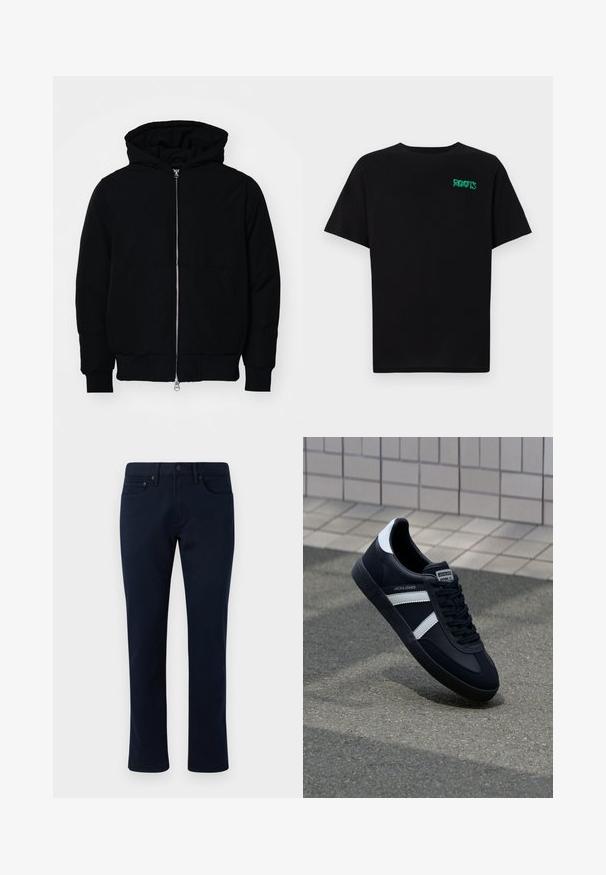 Mustaga kapuutsiga jakk, millel on esineed, kenguru tasku, soonikkoes, ja alläär, esitatud lihtsal valgel taustal.; Must t-särk, mis on valmistatud puuvillast, lühikeste varrukatega. Esipaneelil on roheline "ROOTS" logo, ümmargune kaelus ja tavapärane lõige.; Tumesinine teksapüksid kitsas lõikega, klassikalise viie tasku disainiga ja peente tikandite aktsentidega. Sujuv tekstuur ja ilma kaunistusteta.; Must have musta sneaker musta valgete triipudega, tekstuurne kummitald ja nööridega esiosa. Omab bränditud märki keele peal.