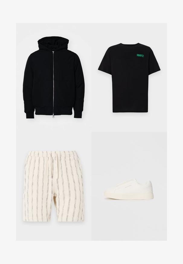Čierna kapucňová bunda s predným zipsom, klokaními vreckami, rebrovanými manžetami a lemom, zobrazená na bielom pozadí.; Čierne tričko s krátkymi rukávmi vyrobené z bavlny. Na prednej strane má zelené logo "ROOTS", okrúhly výstrih a štandardný strih.; Béžové šortky s vertikálnymi čiernymi pruhmi, so elastickým pásom s šnúrkou, vyrobené z textúrovaného materiálu.; Biele slip-on tenisky s textúrovaným povrchom, hrubou podrážkou a minimalistickým dizajnom. Obsahuje logo značky na boku.