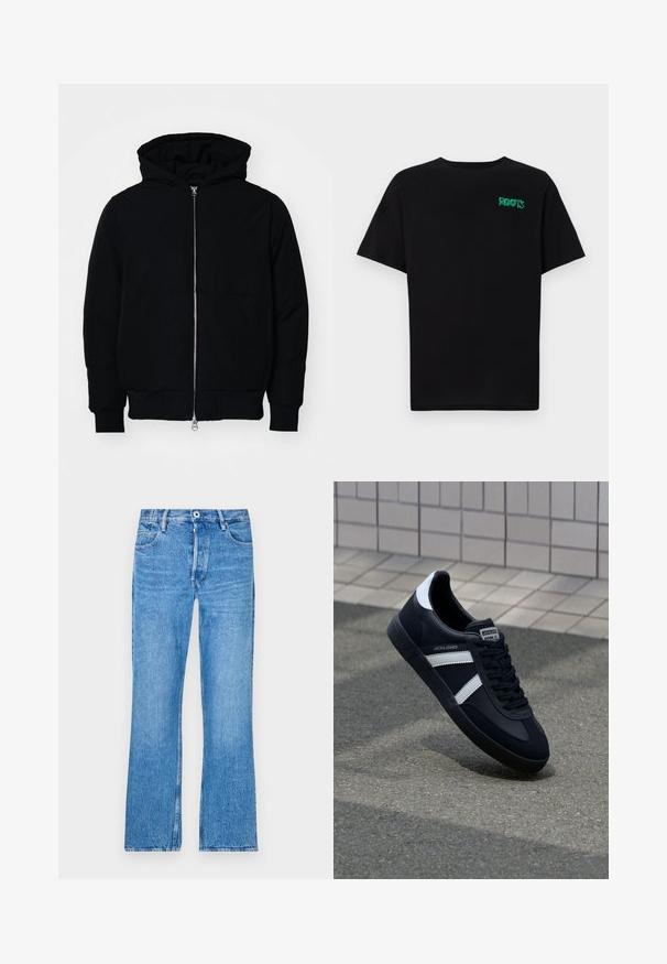 Mustaga kapuutsiga jakk, millel on esineed, kenguru tasku, soonikkoes, ja alläär, esitatud lihtsal valgel taustal.; Must t-särk, mis on valmistatud puuvillast, lühikeste varrukatega. Esipaneelil on roheline "ROOTS" logo, ümmargune kaelus ja tavapärane lõige.; Sinised sirged teksad, mis on valmistatud denimist ja millel on kulunud pesu. Omab nööpkl Closure, vöörihmade silmuseid ja standardset viit taskut.; Must have musta sneaker musta valgete triipudega, tekstuurne kummitald ja nööridega esiosa. Omab bränditud märki keele peal.