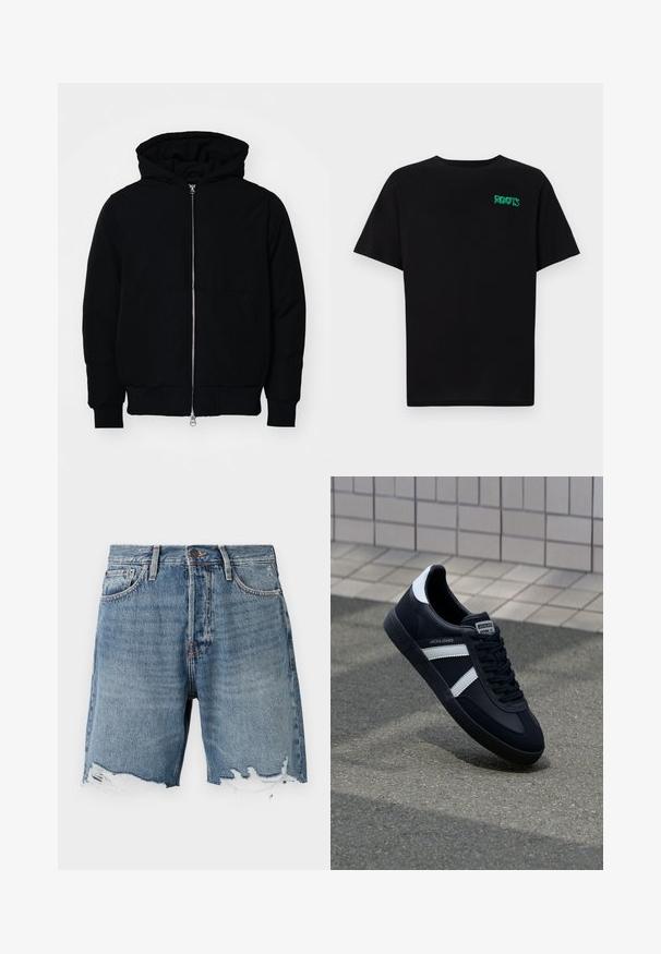 Juodas gobtuvėlis su priekiniu užtrauktuku, kengūros tipo kišene, lygiais rankogaliais ir apvadu, pateiktas ant vientiso balto fono.; Juodas medvilninis marškinėliai trumpomis rankovėmis. Priekyje yra žalias „ROOTS“ logotipas, apvalus iškirpimas ir standartinė prigludimo forma.; Šviesiai mėlynos džinsinės šortai su nusidėvėjusiu apačiu, penkių kišenių dizainu ir matomomis siūlėmis. Yra mygtukų užsegimas juosmens srityje.; Juodas odinis sportinis batelis su baltais dryžiais, tekstūruota gumine padais ir raišteliais priekyje. Yra prekės ženklą žymintis etiketė ant liežuvio.