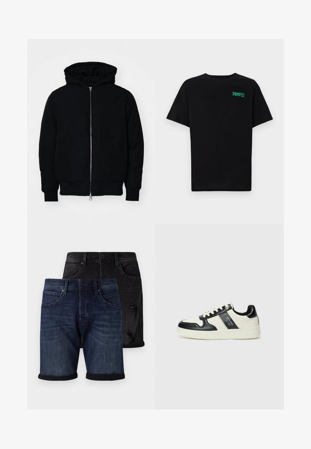 Juodas gobtuvėlis su priekiniu užtrauktuku, kengūros tipo kišene, lygiais rankogaliais ir apvadu, pateiktas ant vientiso balto fono.; Juodas medvilninis marškinėliai trumpomis rankovėmis. Priekyje yra žalias „ROOTS“ logotipas, apvalus iškirpimas ir standartinė prigludimo forma.; Džinsinio audinio šortų komplektas, kuriame yra tamsiai mėlynas, su sušvelnintais kraštais, ir juodų nusidėvėjusių šortų pora. Abu turi klasikinį penkių kišenių stilių.; Odiniai sportbačiai juodos ir kreminės spalvų schemoje, su perforuotais akcentais, paminkštinta apykakle ir tekstūruotu padu.