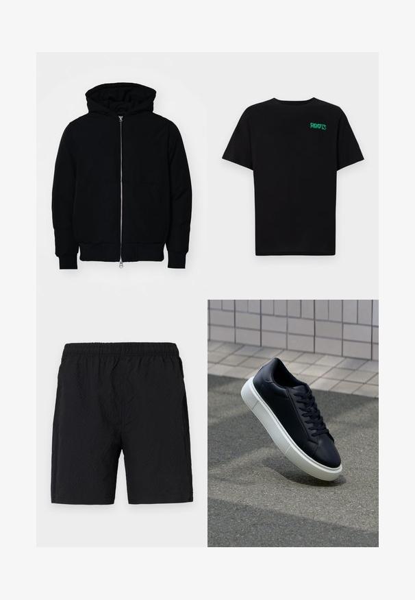 Black hooded jacket with front zipper, kangaroo pocket, ribbed cuffs, and hem, displayed on a plain white background.; Black t-shirt made of cotton with short sleeves. Features a green "ROOTS" logo on the front, round neckline, and standard fit.; Black swim shorts made of textured fabric, featuring an elastic waistband and side pockets, with a loose-fitting design.; Black leather sneaker with rounded toe and white rubber sole. Features flat laces and minimal stitching on the upper. Textured sole for grip.