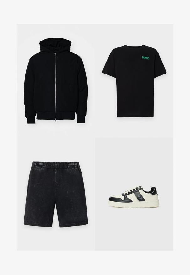 Veste à capuche noire avec fermeture éclair sur le devant, poche kangourou, poignets et ourlet côtelés, présentée sur un fond blanc uni.; T-shirt noir en coton à manches courtes. Présente un logo "ROOTS" vert sur le devant, un col rond et une coupe standard.; Shorts noirs avec une texture délavée, taille élastique et coupe droite. Pas de poches ni d'ornements visibles.; Baskets en cuir avec un schéma de couleurs noir et crème, dotées d'accents perforés, d'un col rembourré et d'une semelle texturée.
