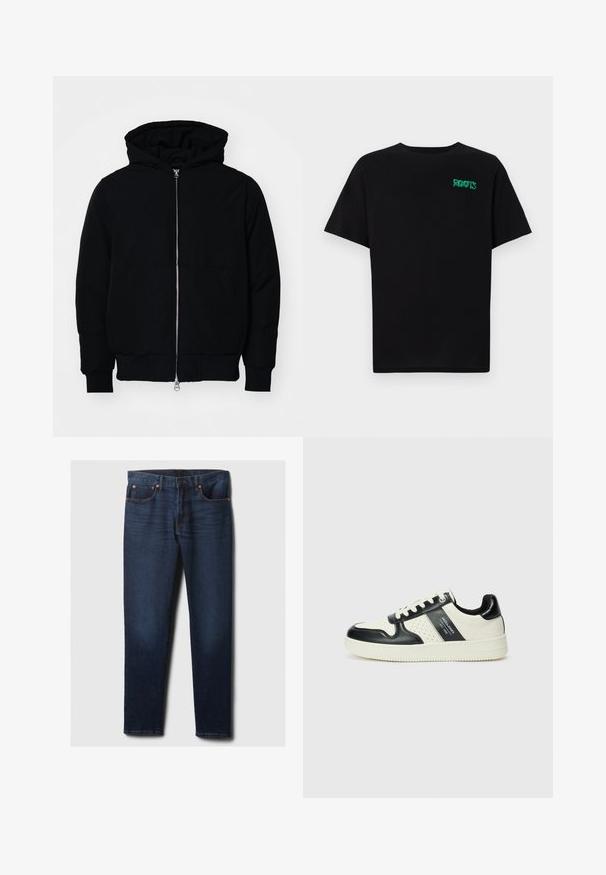 Black hooded jacket with front zipper, kangaroo pocket, ribbed cuffs, and hem, displayed on a plain white background.; Black t-shirt made of cotton with short sleeves. Features a green "ROOTS" logo on the front, round neckline, and standard fit.; Dark blue slim-fit denim jeans with slight fading on front thighs, copper rivets, and classic five-pocket styling, laid flat on white background.; Leather sneakers with a black and cream color scheme, featuring perforated accents, a padded collar, and a textured outsole.