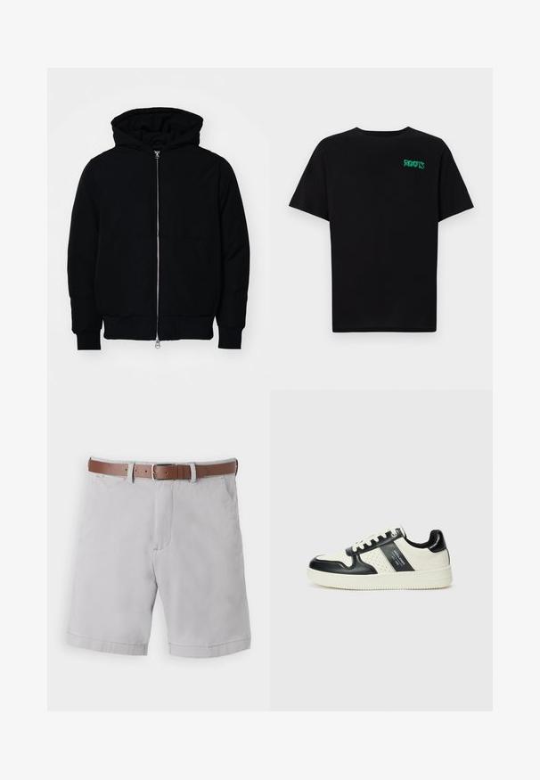 Črna kapuca jakna s sprednjim zadrgo, kenguru žepom, rebrastimi manšetami in hemom, razstavljena na enostavni beli ozadju.; Črna majica iz bombaža z kratkimi rokavi. Na sprednji strani ima zeleno logotip "ROOTS", okroglo ovratnico in standardno prileganje.; Svetlo sivi šortsi iz mešanice bombaža, opremljeni smešnim kožnim pasom, bočnim žepovima in sproščenim krojem.; Usnjeni športni čevlji z črno in krem barvno shemo, ki vključujejo perforirane dodatke, podložen ovratnik in strukturirano podplat.