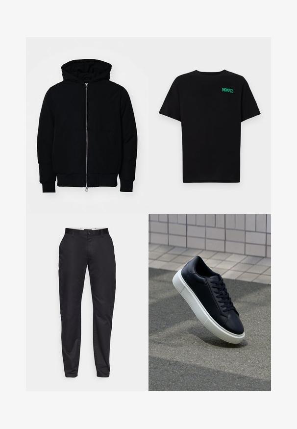 Črna kapuca jakna s sprednjim zadrgo, kenguru žepom, rebrastimi manšetami in hemom, razstavljena na enostavni beli ozadju.; Črna majica iz bombaža z kratkimi rokavi. Na sprednji strani ima zeleno logotip "ROOTS", okroglo ovratnico in standardno prileganje.; Črne hlače z ozkim krojem, z ravnim sprednjim delom, s pasom za pas in enojnim zapiranjem na gumb. Gladka tkanina z minimalnim leskom.; Črne usnjene superge z zaobljenim prstom in belim gumijastim podplat. Imajo ravne vezalke in minimalno šivanje na zgornjem delu. Teksturirani podplat za oprijem.
