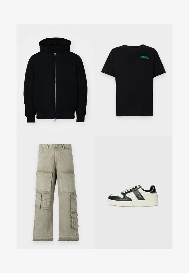 Svart hettejakke med frontglidelås, kengurulomme, ribbestrikket mansjetter og søm, vist på en ensfarget hvit bakgrunn.; svart t-skjorte laget av bomull med korte ermer. Har et grønt "ROOTS"-logo på forsiden, rund halsutringning og standard passform.; Cargo bukser i lys olivengrøn med flere store lommer, bred bendesign og råkantdetaljer. Fremstillet af slidstærkt materiale.; Lædersneakers med sort og creme farveskema, der har perforerede detaljer, en polstret krave og en struktureret ydersål.