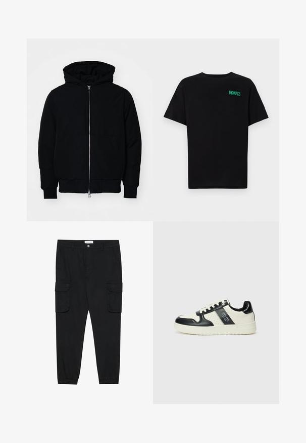 Black hooded jacket with front zipper, kangaroo pocket, ribbed cuffs, and hem, displayed on a plain white background.; Black t-shirt made of cotton with short sleeves. Features a green "ROOTS" logo on the front, round neckline, and standard fit.; Black cargo pants with straight legs, elastic cuffs, and multiple side pockets. Made of textured fabric with a button closure.; Leather sneakers with a black and cream color scheme, featuring perforated accents, a padded collar, and a textured outsole.