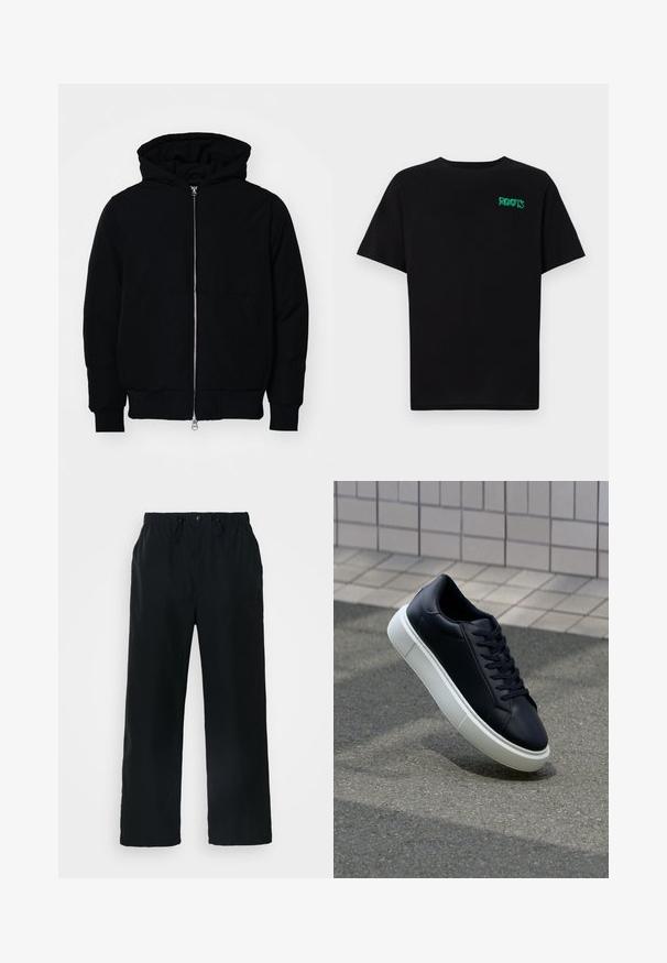 Melna kapucēta jaka ar priekšējo rāvējslēdzēju, kenguru kabatu, ribinātām aprocēm un apakšmalu, parādīta uz vienkārša balta fona.; Melna kokvilnas t-kreka ar īsām piedurknēm. Uz priekšu ir zaļa "ROOTS" logo, apaļa kakla izgriezums un standarta piegriezums.; Melni bikses, izgatavotas no viegla auduma, ar elastīgu jostasvietu un auklu, pogu aizdari un taisnu kāju dizainu.; Melnas ādas kedas ar noapaļotu pirkstu un baltu gumijas zoli. Iespējas - plakanas šņorītes un minimāla apdare augšdaļā. Struktūrēta zole, lai nodrošinātu saķeri.