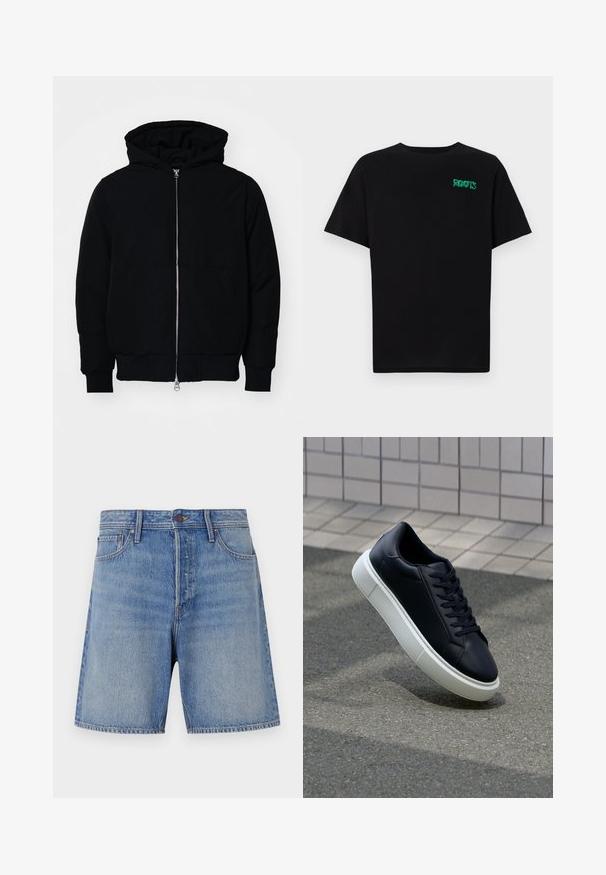 Black hooded jacket with front zipper, kangaroo pocket, ribbed cuffs, and hem, displayed on a plain white background.; Black t-shirt made of cotton with short sleeves. Features a green "ROOTS" logo on the front, round neckline, and standard fit.; Denim shorts in light blue, featuring a high waist, traditional five-pocket design, and contrasting stitching along the seams.; Black leather sneaker with rounded toe and white rubber sole. Features flat laces and minimal stitching on the upper. Textured sole for grip.