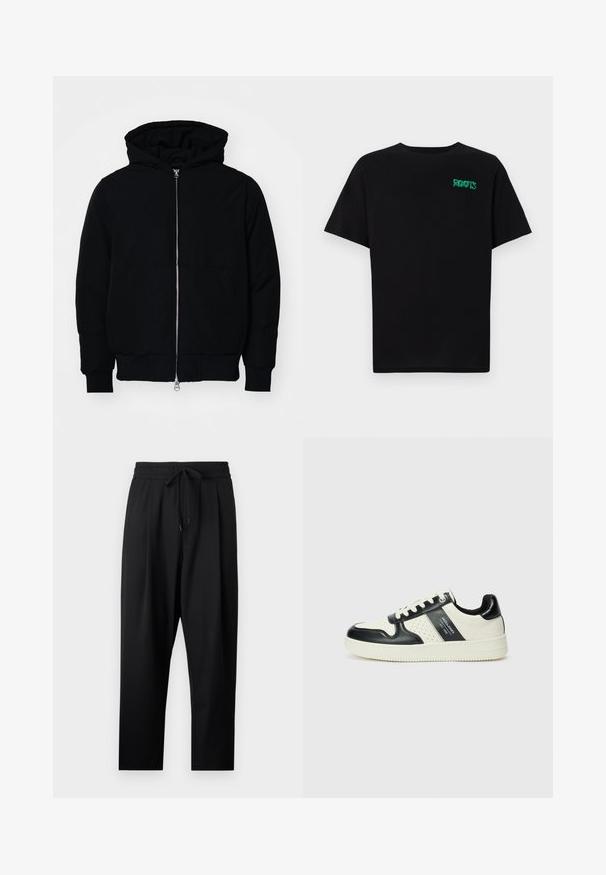 Black hooded jacket with front zipper, kangaroo pocket, ribbed cuffs, and hem, displayed on a plain white background.; Black t-shirt made of cotton with short sleeves. Features a green "ROOTS" logo on the front, round neckline, and standard fit.; Black, lightweight trousers with a relaxed fit. Features an elastic waistband with adjustable drawstring and side pockets. Smooth texture.; Leather sneakers with a black and cream color scheme, featuring perforated accents, a padded collar, and a textured outsole.