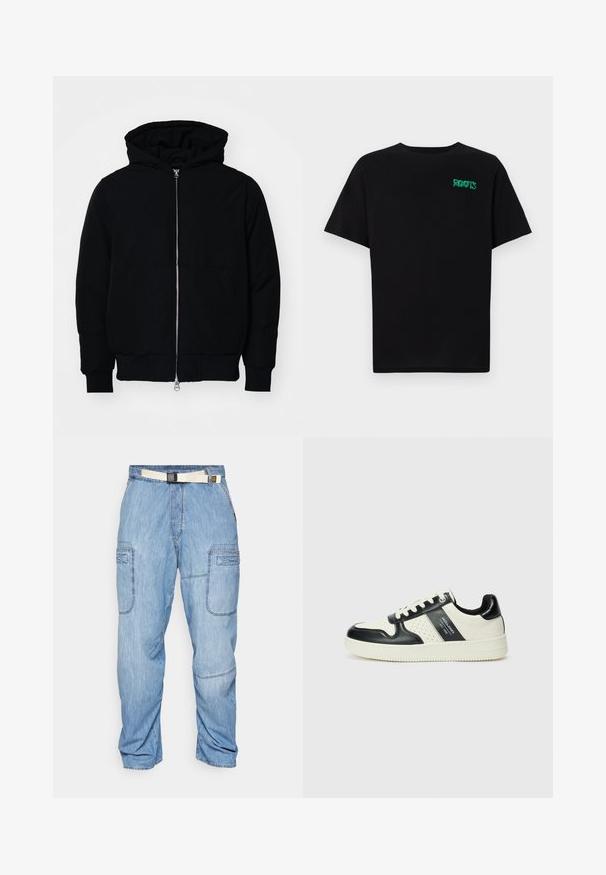 Black hooded jacket with front zipper, kangaroo pocket, ribbed cuffs, and hem, displayed on a plain white background.; Black t-shirt made of cotton with short sleeves. Features a green "ROOTS" logo on the front, round neckline, and standard fit.; Light blue denim pants with a relaxed fit, featuring multiple pockets and a contrasting white belt. Smooth texture with visible stitching.; Leather sneakers with a black and cream color scheme, featuring perforated accents, a padded collar, and a textured outsole.