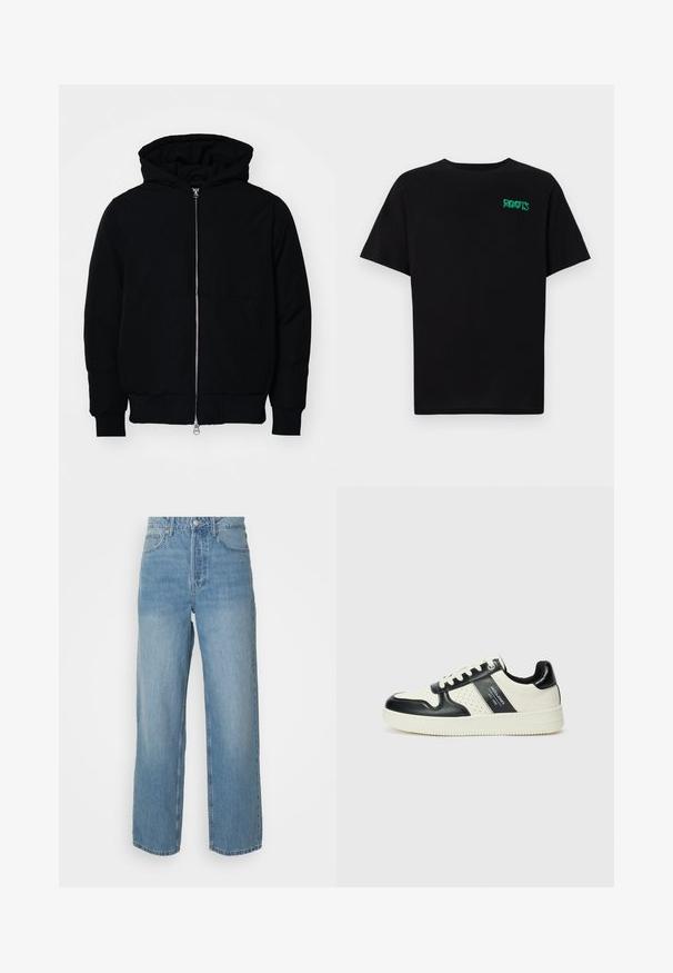 Sort hættejakke med frontlynlås, kængurulomme, ribbede manchetter og kant, præsenteret på en ensfarvet hvid baggrund.; Sort t-shirt lavet af bomuld med korte ærmer. Har et grønt "ROOTS" logo på forsiden, rund halsudskæring og almindelig pasform.; Højtaljede lyseblå denimjeans med lige ben, frontlukning med knap og fem-lomme stil på ensfarvet baggrund.; Lædersneakers i sort og creme farveskema, med perforerede detaljer, en polstret krave og en struktureret ydersål.