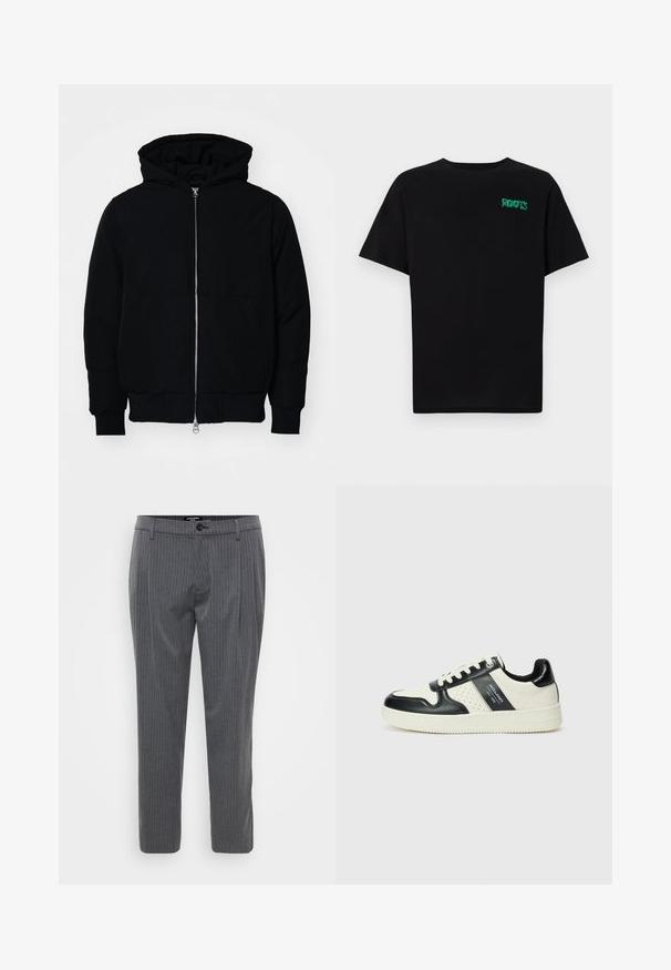 Veste à capuche noire avec fermeture éclair sur le devant, poche kangourou, poignets et ourlet côtelés, présentée sur un fond blanc uni.; T-shirt noir en coton à manches courtes. Présente un logo "ROOTS" vert sur le devant, un col rond et une coupe standard.; Pantalons gris à rayures fines en tissu tissé, dotés d'un devant plat, de passants de ceinture et d'une fermeture à bouton unique. Coupe ajustée et ourlets finies.; Baskets en cuir avec un schéma de couleurs noir et crème, dotées d'accents perforés, d'un col rembourré et d'une semelle texturée.