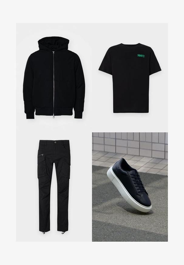 Black hooded jacket with front zipper, kangaroo pocket, ribbed cuffs, and hem, displayed on a plain white background.; Black t-shirt made of cotton with short sleeves. Features a green "ROOTS" logo on the front, round neckline, and standard fit.; Black cargo pants made of durable fabric featuring multiple pockets, zippered accents, and an adjustable hem for a secure fit.; Black leather sneaker with rounded toe and white rubber sole. Features flat laces and minimal stitching on the upper. Textured sole for grip.