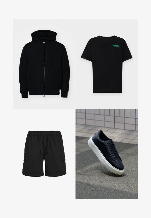 Juodas gobtuvėlis su priekiniu užtrauktuku, kengūros tipo kišene, lygiais rankogaliais ir apvadu, pateiktas ant vientiso balto fono.; Juodas medvilninis marškinėliai trumpomis rankovėmis. Priekyje yra žalias „ROOTS“ logotipas, apvalus iškirpimas ir standartinė prigludimo forma.; Juodi cargo šortai su elastine juosta, virvute, šoninėmis kišenėmis ir tekstūruota medžiaga. Sukurti patogumui ir praktiškumui.; Juodas odinis sportbačius su apvaliu pirštu ir baltu gumuotu padu. Turi plokščias raišteles ir minimalų siuvimą viršuje. Padangos tekstūra užtikrina sukibimą.