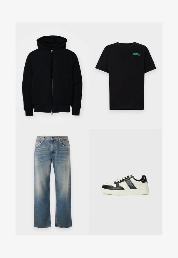 Crna kapuška jakna s prednjim zatvaračem, kenguru džepom, rebrastim manžetama i rubom, prikazana na običnoj bijeloj pozadini.; Crna majica kratkih rukava od pamuka. Na prednjem dijelu se nalazi zeleni "ROOTS" logo, okrugli izrez i standardni kroj.; Plave traperice s opuštenim krojem i ravnim nogavicama. Imaju svjetlije prane akcentne dijelove i klasičan dizajn s pet džepova sa šivenim detaljima.; Kožne tenisice s crno-bijelom paletom boja, koje imaju perforirane akcentne detalje, podstavljeni ovratnik i teksturiranu potplat.