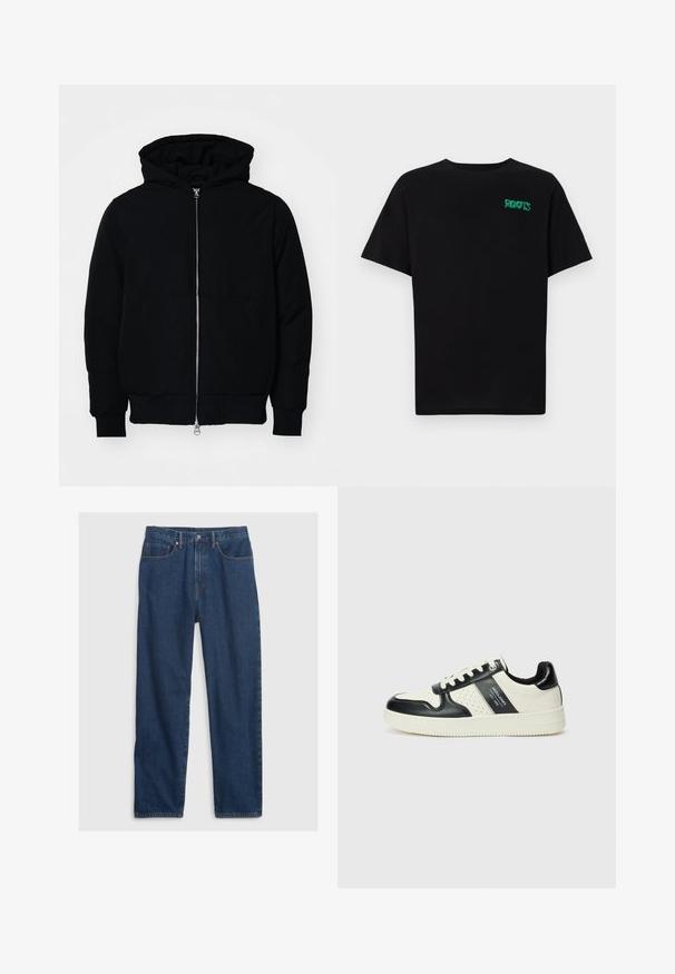 Black hooded jacket with front zipper, kangaroo pocket, ribbed cuffs, and hem, displayed on a plain white background.; Black t-shirt made of cotton with short sleeves. Features a green "ROOTS" logo on the front, round neckline, and standard fit.; Denim jeans in dark blue with a straight cut, featuring five-pocket design, top button, and copper rivet accents.; Leather sneakers with a black and cream color scheme, featuring perforated accents, a padded collar, and a textured outsole.