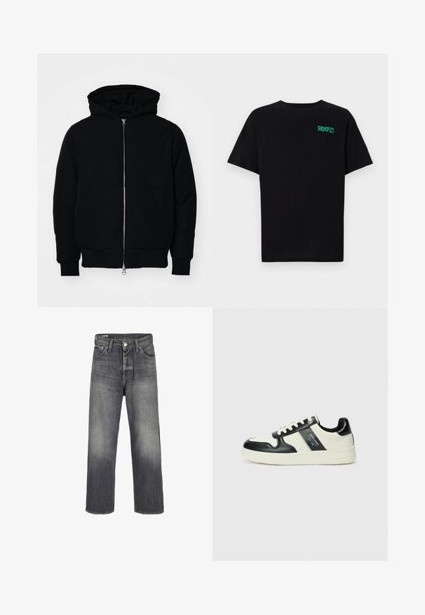 Fekete kapucnis dzseki elülső cipzárral, kenguruzsebbel, bordázott mandzsettákkal és aba, egy sima fehér háttér előtt.; Fekete, pamutból készült póló rövid ujjakkal. Elöl zöld "ROOTS" logóval, kerek nyakkivágással és normál szabással.; Koptatott fekete színű farmernadrág, egyenes szárú designnal, öt zsebbel és fém gombos derékzárral.; Fekete és krém színű bőrsneaker, perforált díszítésekkel, párnázott bokapánttal és texturált talppal.
