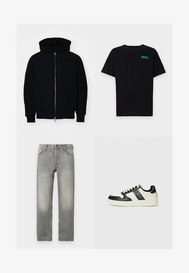 Crna kapuška jakna s prednjim zatvaračem, kenguru džepom, rebrastim manžetama i rubom, prikazana na običnoj bijeloj pozadini.; Crna majica kratkih rukava od pamuka. Na prednjem dijelu se nalazi zeleni "ROOTS" logo, okrugli izrez i standardni kroj.; Sive traperice s opuštenim krojem, s izblijeđenim pranjem, pet džepova, gumbom za zatvaranje i ravnim nogavicama.; Kožne tenisice s crno-bijelom paletom boja, koje imaju perforirane akcentne detalje, podstavljeni ovratnik i teksturiranu potplat.