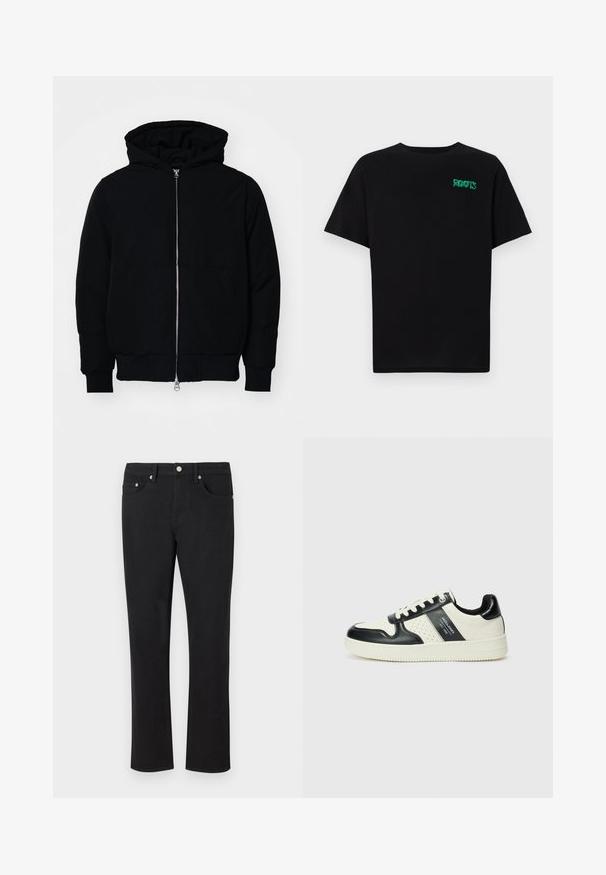 Mustaga kapuutsiga jakk, millel on esineed, kenguru tasku, soonikkoes, ja alläär, esitatud lihtsal valgel taustal.; Must t-särk, mis on valmistatud puuvillast, lühikeste varrukatega. Esipaneelil on roheline "ROOTS" logo, ümmargune kaelus ja tavapärane lõige.; Mustad denim teksad musta värvi, sirge jala disainiga, viie taskuga ning hõbedaste detailidega, millel on sile tekstuur. Ilma mustrite või aktsentideta.; Nahatud nahkkingad musta ja kreemi värviskeemiga, millel on perforeeritud aktsendid, pehme krae ja tekstureeritud tallad.