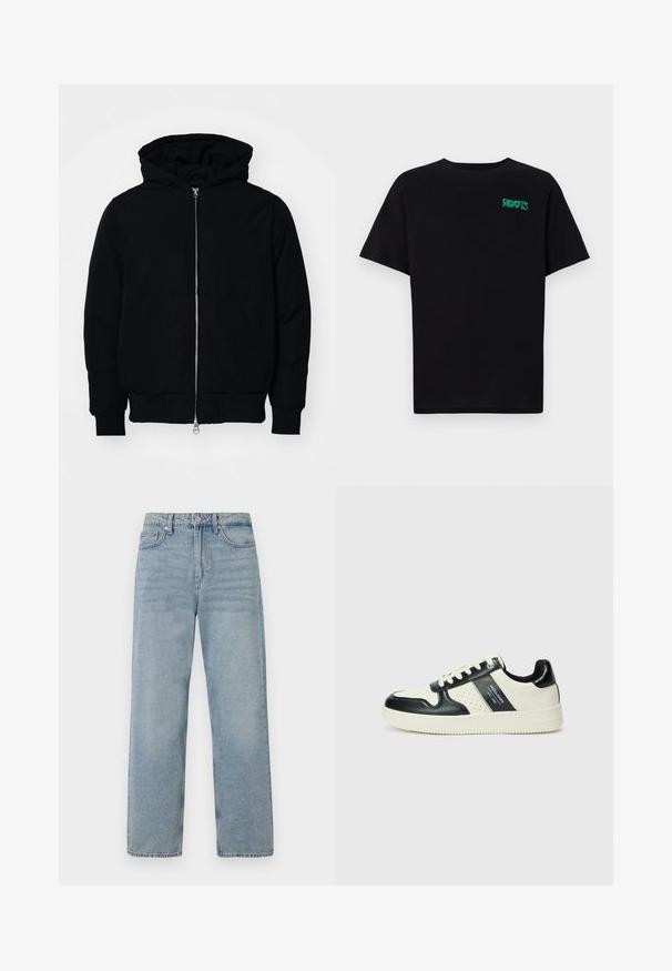 Schwarze Kapuzenjacke mit Frontreißverschluss, Kängurutasche, gerippten Bündchen und Saum, auf einem schlichten weißen Hintergrund präsentiert.; Schwarzes T-Shirt aus Baumwolle mit kurzen Ärmeln. Auf der Vorderseite befindet sich ein grünes "ROOTS"-Logo, es hat einen runden Halsauschnitt und eine normale Passform.; Helle blaue Jeans mit hoher Taille, geradem Bein, fünf Taschen und subtilen Verwaschungen für einen getragenen Effekt.; Leder-Sneaker in Schwarz- und Cremetönen, mit perforierten Akzenten, einem gepolsterten Kragen und einer strukturierten Laufsohle.