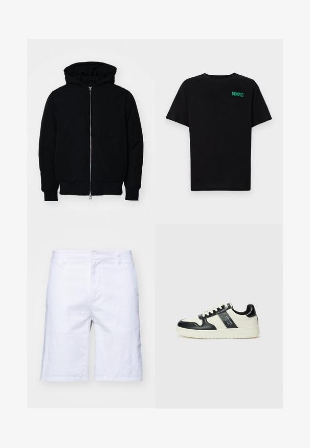 Veste à capuche noire avec fermeture éclair sur le devant, poche kangourou, poignets et ourlet côtelés, présentée sur un fond blanc uni.; T-shirt noir en coton à manches courtes. Présente un logo "ROOTS" vert sur le devant, un col rond et une coupe standard.; Shorts en coton blancs avec une coupe droite, fermeture éclair et bouton. Comprend des poches latérales et une texture lisse.; Baskets en cuir avec un schéma de couleurs noir et crème, dotées d'accents perforés, d'un col rembourré et d'une semelle texturée.