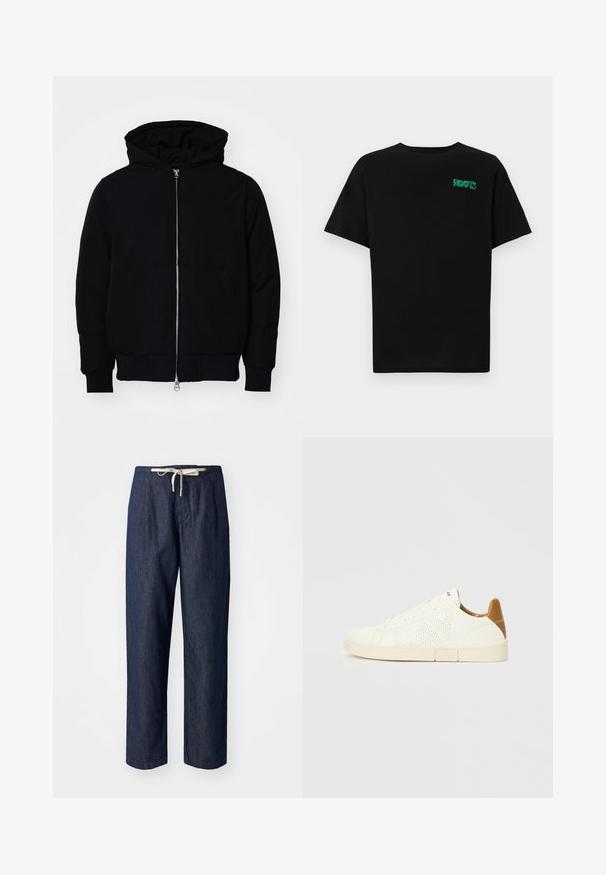 Jachetă neagră cu glugă, cu fermoar în față, buzunar tip kangaroo, mansete și tiv ribbed, prezentată pe un fundal alb simplu.; Tricou negru din bumbac, cu mâneci scurte. Prezintă un logo verde "ROOTS" pe față, guler rotund și o potrivire standard.; Pantaloni din denim de culoare albastru închis, cu o croială lejeră, dotati cu un sistem de ajustare la talie cu șnur și o textură netedă. Design cu picioare drepte și detalii de plisare.; Adidași albi cu detalii perforate, talpă bej deschis și accente maro deschis la călcâi. Design cu șireturi și textură netedă.