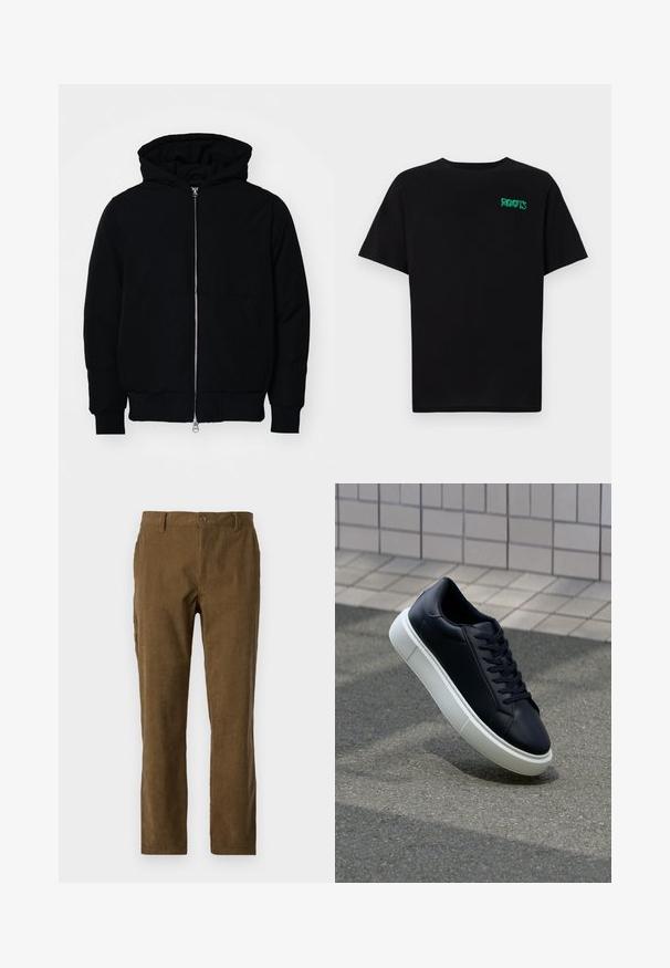 Veste à capuche noire avec fermeture éclair sur le devant, poche kangourou, poignets et ourlet côtelés, présentée sur un fond blanc uni.; T-shirt noir en coton à manches courtes. Présente un logo "ROOTS" vert sur le devant, un col rond et une coupe standard.; Pantalons en velours côtelé marron avec une coupe droite, présentant des côtes verticales, une fermeture à boutons sur le devant et des poches latérales pour plus de praticité.; Baskets noires en cuir avec bout arrondi et semelle en caoutchouc blanc. Elles présentent des lacets plats et une couture minimale sur la tige. Semelle texturée pour une bonne adhérence.