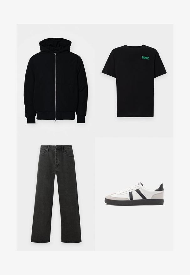 Črna kapuca jakna s sprednjim zadrgo, kenguru žepom, rebrastimi manšetami in hemom, razstavljena na enostavni beli ozadju.; Črna majica iz bombaža z kratkimi rokavi. Na sprednji strani ima zeleno logotip "ROOTS", okroglo ovratnico in standardno prileganje.; Črne naramnice jeans hlače s visoko pasom in ravnimi nogavicami, sprednjim gumbom, zadrgo in zasnovo s petimi žepi na beli podlagi.; Bela športna obutev z črnimi in sivo akcenti, z teksturirano sivo kapico za prste, črnim gumijastim podplatom in ravnimi belimi vezalkami. Čista zasnova, minimalistični slog.