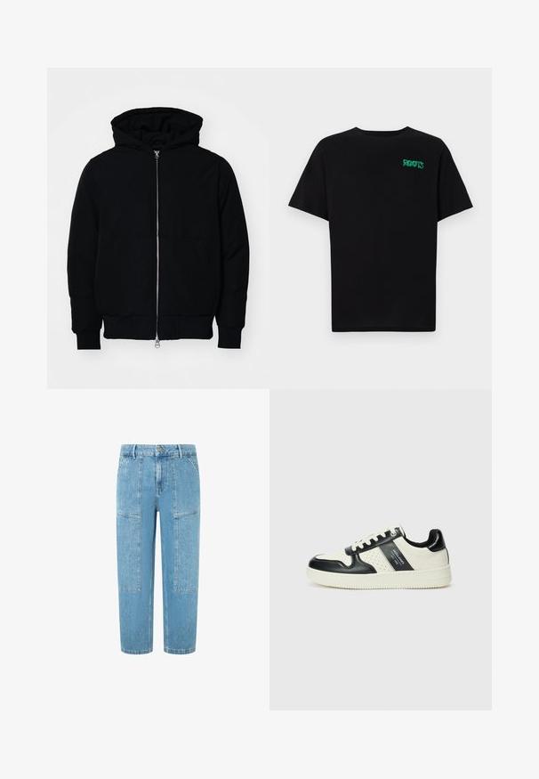 Schwarze Kapuzenjacke mit Frontreißverschluss, Kängurutasche, gerippten Bündchen und Saum, auf einem schlichten weißen Hintergrund präsentiert.; Schwarzes T-Shirt aus Baumwolle mit kurzen Ärmeln. Auf der Vorderseite befindet sich ein grünes "ROOTS"-Logo, es hat einen runden Halsauschnitt und eine normale Passform.; Hellblaue Denimjeans mit geradem Schnitt, ausgestattet mit zwei großen aufgenähten Taschen und dezenten Used-Effekten auf dem Stoff.; Leder-Sneaker in Schwarz- und Cremetönen, mit perforierten Akzenten, einem gepolsterten Kragen und einer strukturierten Laufsohle.