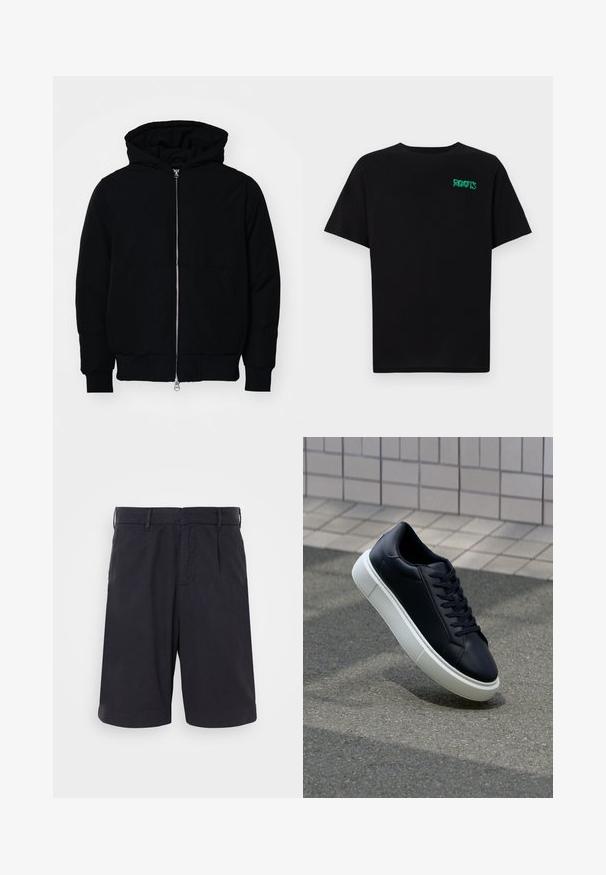 Fekete kapucnis dzseki elülső cipzárral, kenguruzsebbel, bordázott mandzsettákkal és aba, egy sima fehér háttér előtt.; Fekete, pamutból készült póló rövid ujjakkal. Elöl zöld "ROOTS" logóval, kerek nyakkivágással és normál szabással.; Tengerészkék pamut rövidnadrág sima elülső résszel, övhurkokkal, oldalzsebekkel és laza szabással, amely sima textúrával és letisztult dizájnnal rendelkezik.; Fekete bőr sportcipő lekerekített orral és fehér gumitalppal. Lapos fűzőkkel és minimális varrásokkal rendelkezik a felsőrészén. Mintás talp a tapadásért.