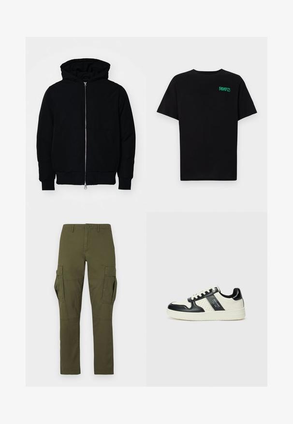 Melna kapucēta jaka ar priekšējo rāvējslēdzēju, kenguru kabatu, ribinātām aprocēm un apakšmalu, parādīta uz vienkārša balta fona.; Melna kokvilnas t-kreka ar īsām piedurknēm. Uz priekšu ir zaļa "ROOTS" logo, apaļa kakla izgriezums un standarta piegriezums.; Zaļas kravas bikses ar vairākām kabatām, tai skaitā divām lielām sānu kabatām ar atloku, pogu aizdari un jostas cilpām jostasvietā.; Ādas sporta apavi ar melnbaltu krāsu shēmu, ar perforētiem akcentiem, mīkstinātu apkakli un teksturētu zoli.