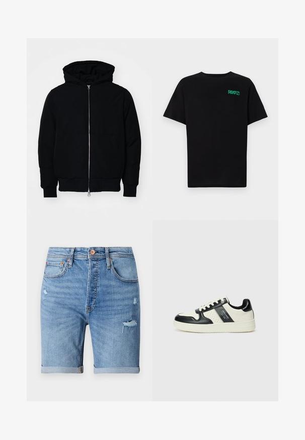 Juodas gobtuvėlis su priekiniu užtrauktuku, kengūros tipo kišene, lygiais rankogaliais ir apvadu, pateiktas ant vientiso balto fono.; Juodas medvilninis marškinėliai trumpomis rankovėmis. Priekyje yra žalias „ROOTS“ logotipas, apvalus iškirpimas ir standartinė prigludimo forma.; Šviesiai mėlyni džinsinio audinio šortai su nusidėvėjimo detalėmis, apvyniotais kraštais, penkiomis kišenėmis ir mygtuko uždarymu. Pagaminti iš minkštos, kvėpuojančios medžiagos.; Odiniai sportbačiai juodos ir kreminės spalvų schemoje, su perforuotais akcentais, paminkštinta apykakle ir tekstūruotu padu.