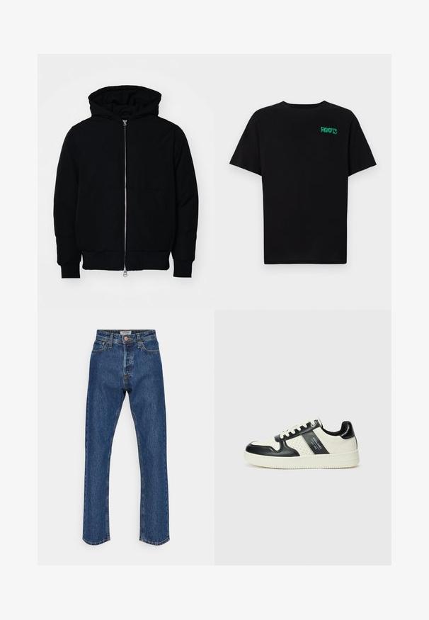 Zwarte hoodie met rits aan de voorkant, kangoeroe-pocket, geribbelde manchetten en zoom, weergegeven op een effen witte achtergrond.; Zwarte T-shirt van katoen met korte mouwen. Heeft een groen "ROOTS" logo op de voorkant, een ronde halslijn en een standaard pasvorm.; Donkerblauwe denim jeans met een hoge taille en rechte pijpen. Voorzien van een knoopsluiting, vijf zakken en contrasterende stiksels.; Leren sneakers met een zwart en crèmekleurig kleurenschema, voorzien van geperforeerde accenten, een gevoerde kraag en een gestructureerde buitenzool.