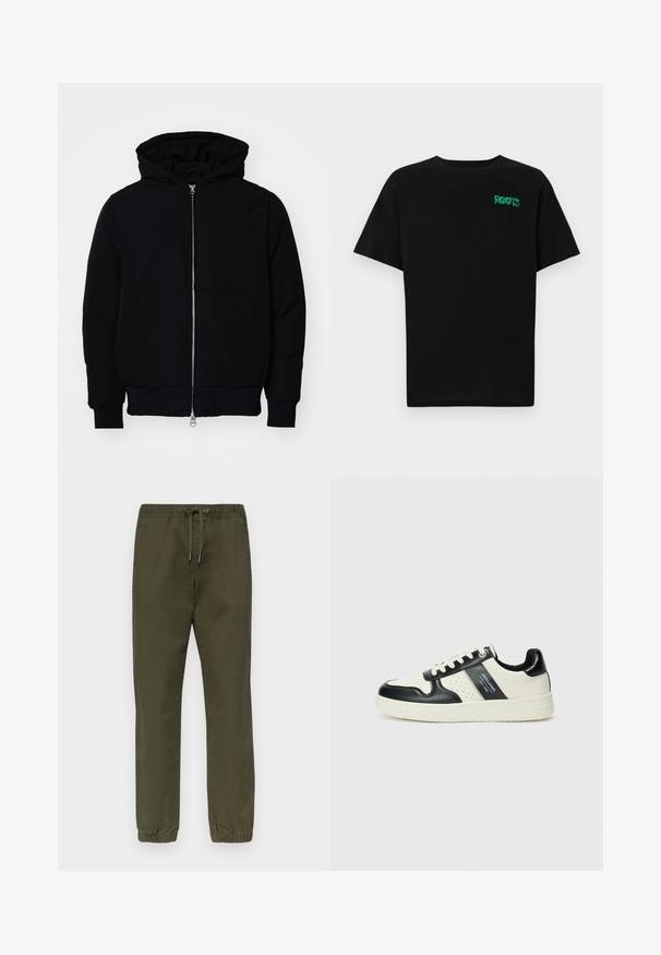 Black hooded jacket with front zipper, kangaroo pocket, ribbed cuffs, and hem, displayed on a plain white background.; Black t-shirt made of cotton with short sleeves. Features a green "ROOTS" logo on the front, round neckline, and standard fit.; Olive green cotton blend pants with an elastic waistband, drawstring closure, and tapered legs with elastic cuffs. Smooth texture, no patterns.; Leather sneakers with a black and cream color scheme, featuring perforated accents, a padded collar, and a textured outsole.