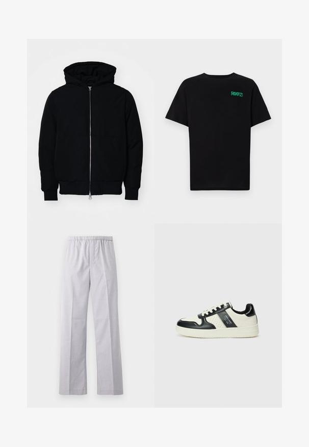 Svart hettejakke med frontglidelås, kengurulomme, ribbestrikket mansjetter og søm, vist på en ensfarget hvit bakgrunn.; svart t-skjorte laget av bomull med korte ermer. Har et grønt "ROOTS"-logo på forsiden, rund halsutringning og standard passform.; Lys grå, vide bukser med elastisk talje, laget av et glatt, vevd stoff. Har pent pressede folder foran.; Lædersneakers med sort og creme farveskema, der har perforerede detaljer, en polstret krave og en struktureret ydersål.