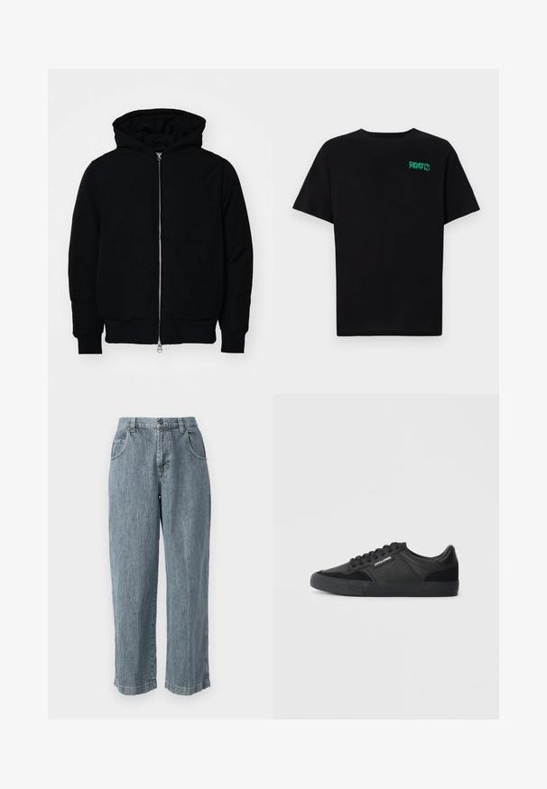 Juodas gobtuvėlis su priekiniu užtrauktuku, kengūros tipo kišene, lygiais rankogaliais ir apvadu, pateiktas ant vientiso balto fono.; Juodas medvilninis marškinėliai trumpomis rankovėmis. Priekyje yra žalias „ROOTS“ logotipas, apvalus iškirpimas ir standartinė prigludimo forma.; BDG Urban Outfitters SKATE - Platūs džinsai - dark blue; Juodi kedai, pagaminti iš odos ir zomšos, su apvaliais raišteliais, tekstūruota guma padais ir prekės ženklo logotipu šone.