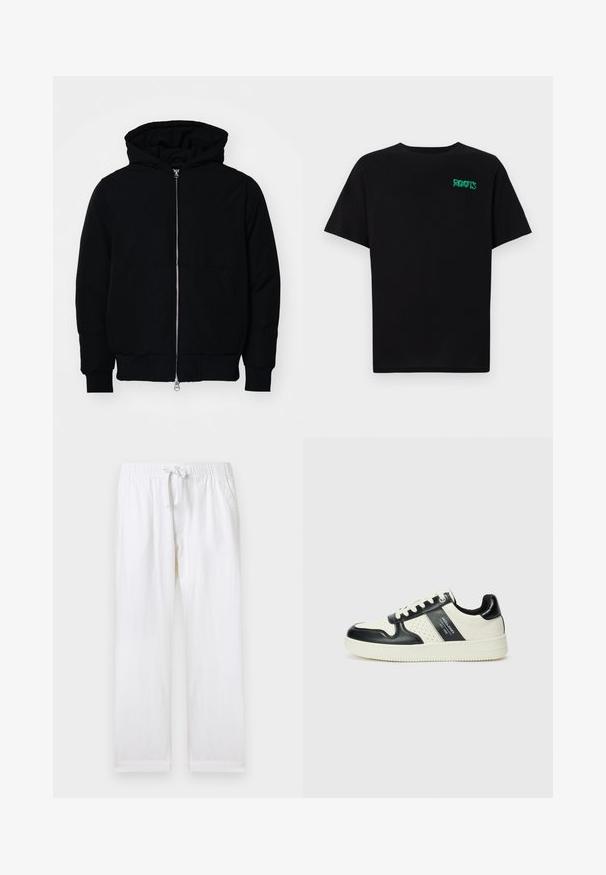 Black hooded jacket with front zipper, kangaroo pocket, ribbed cuffs, and hem, displayed on a plain white background.; Black t-shirt made of cotton with short sleeves. Features a green "ROOTS" logo on the front, round neckline, and standard fit.; White relaxed-fit pants with an elastic waistband and adjustable drawstring. Features side pockets and a soft cotton texture.; Leather sneakers with a black and cream color scheme, featuring perforated accents, a padded collar, and a textured outsole.