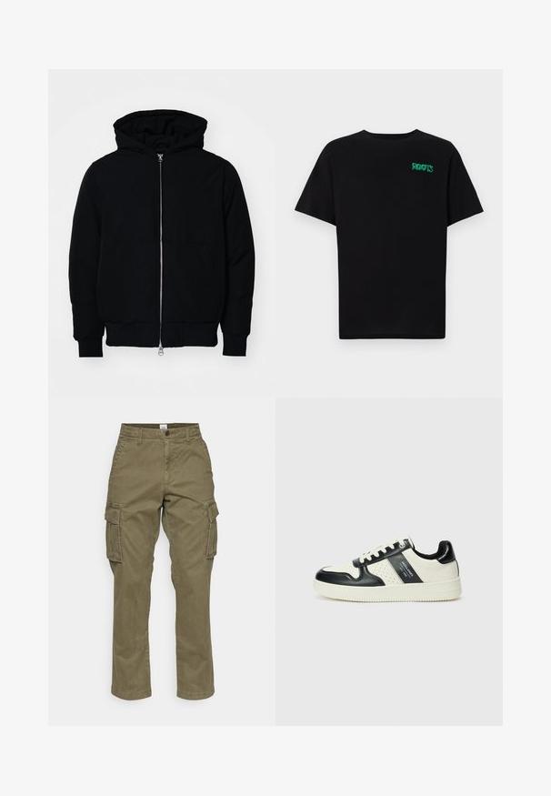 Zwarte hoodie met rits aan de voorkant, kangoeroe-pocket, geribbelde manchetten en zoom, weergegeven op een effen witte achtergrond.; Zwarte T-shirt van katoen met korte mouwen. Heeft een groen "ROOTS" logo op de voorkant, een ronde halslijn en een standaard pasvorm.; Olijfgroene cargobroek van katoen, met een recht gesneden ontwerp, zijzakken en subtiele naden. De textuur is glad, met een duurzame stof.; Leren sneakers met een zwart en crèmekleurig kleurenschema, voorzien van geperforeerde accenten, een gevoerde kraag en een gestructureerde buitenzool.